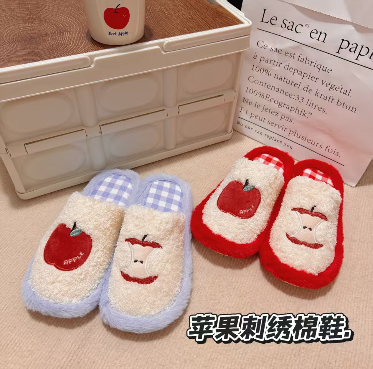 2025 New Dopamine Red Apple Toe-Toe Cotton Slippers Women's Home Non-Slip Soft Sole Lightweight Cotton Shoes
