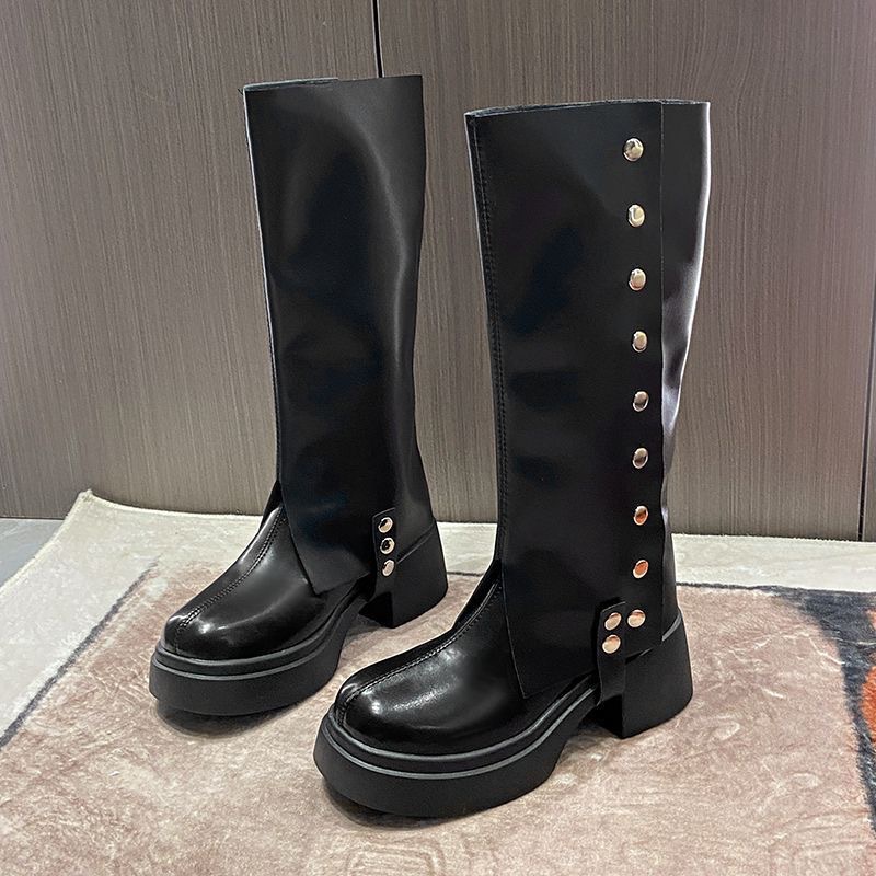 Женские высокие сапоги с толстой подошвой и заклепками, новые 2024 года, с круглым носком и высоким каблуком