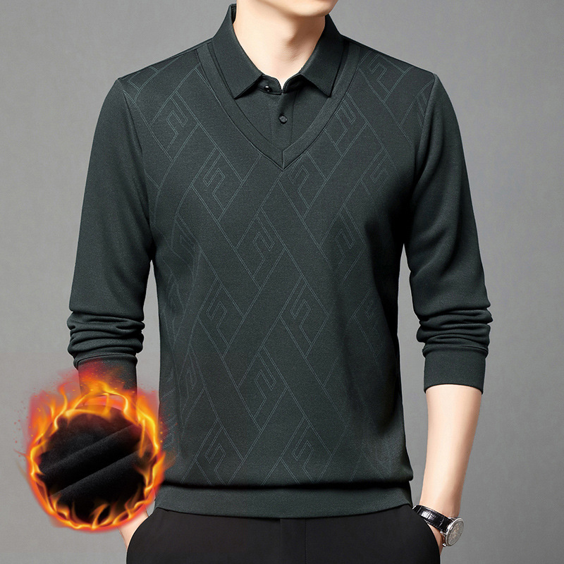 Men's fleece-lined fake two-piece men's autumn and winter new polo middle-aged dad warm base shirt a wholesale