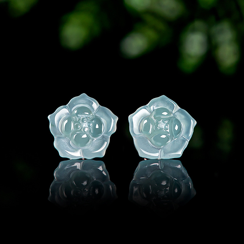 Серьги из нефрита A с синим цветом и инкрустацией серебром S925 в антикварном стиле