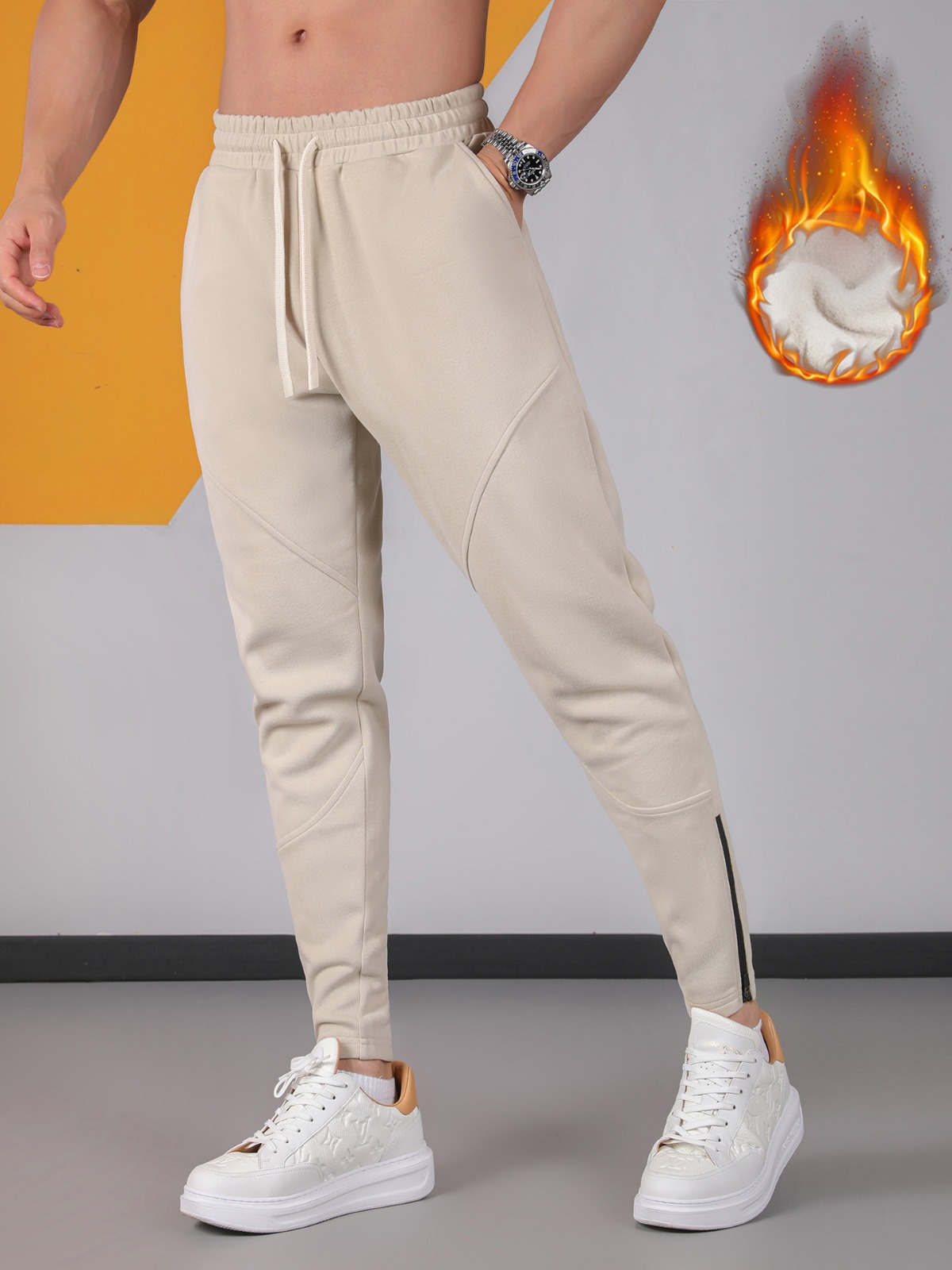 Winter men's stitching outdoor casual fleece-lined sweatpants warm light mature fashion wear sports daily zipper New 2024