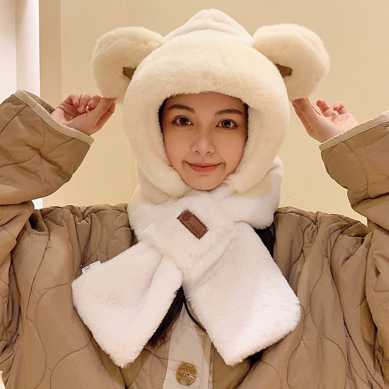 Little Bear Hat Children's Winter Warm Scarf One-piece Hooded Cycling Cold-proof Ear Protectors Cute Plush Scarf Cap