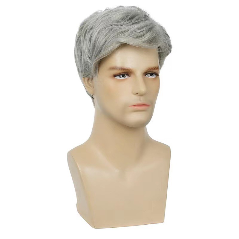 Cross-Border European and American Men's Wigs Fashionable Fluffy Short Hair Granny Gray Wigs High Temperature Silk Chemical Fiber Headgear Wigs