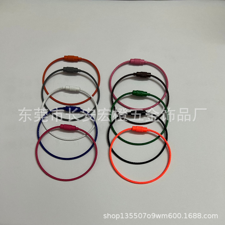 Color paint stainless steel wire rope wire ring girl heart creative key ring with button rotating key chain