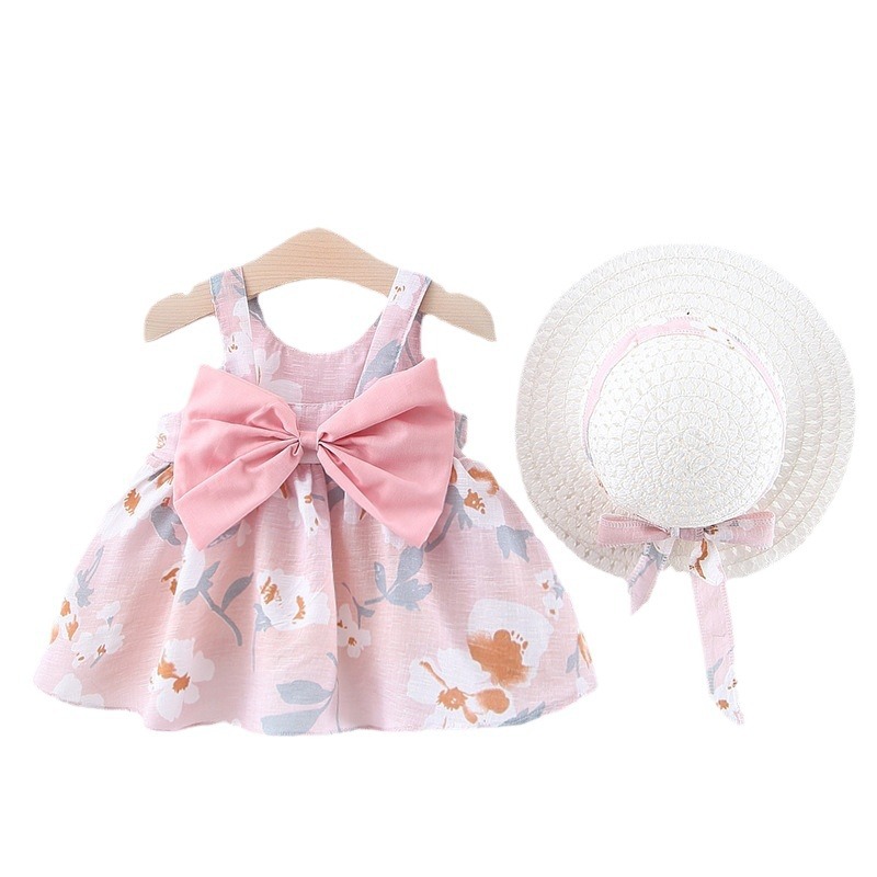 A749 Summer New Baby Girl Vest Dress Princess Dress 1234 Years Old Chest Big Bow Flower Dress with Hat