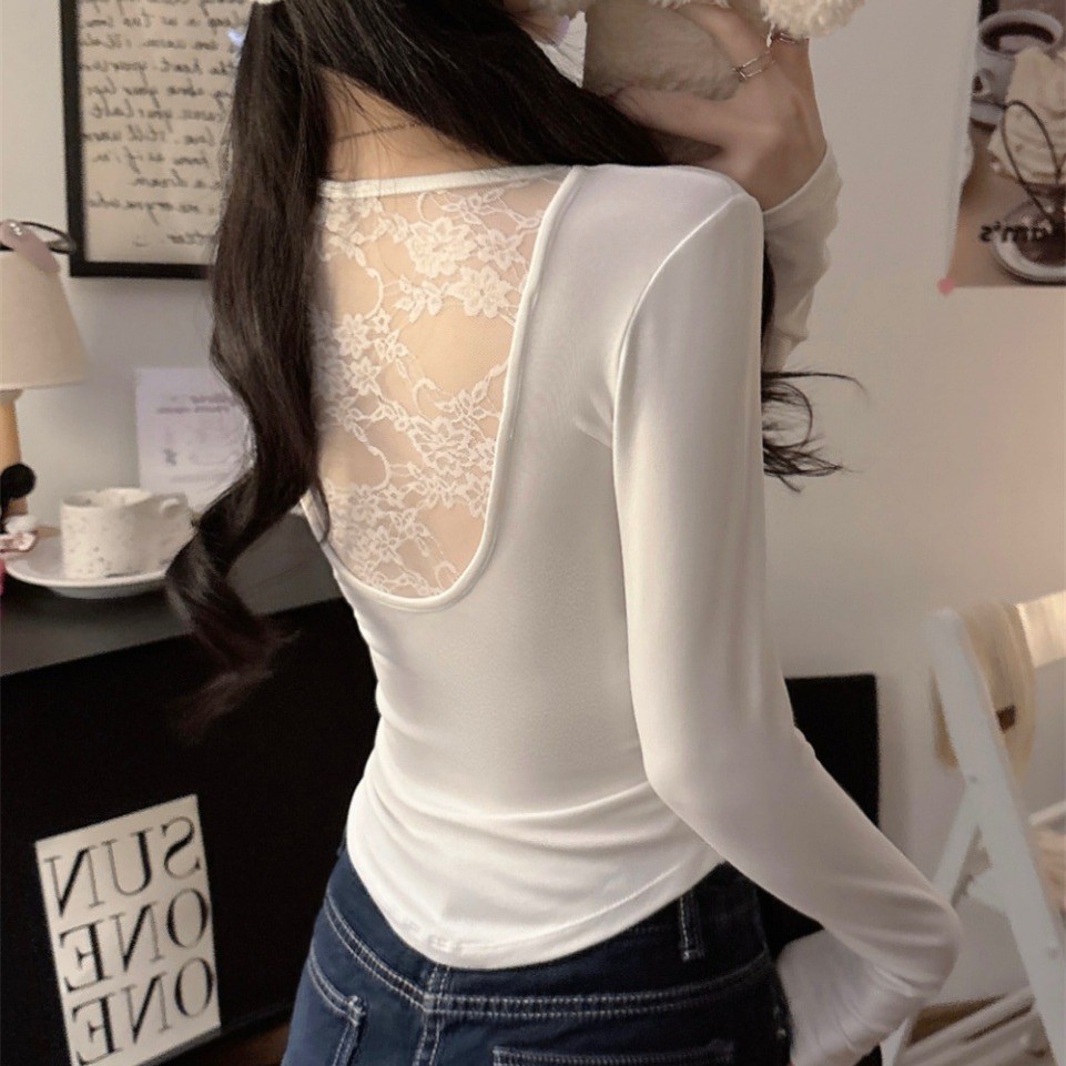 5165 Pure Desire Hollow Design Sexy Backless Lace Patchwork Long Sleeve Slim Fit Base Layer Hot Girl Top for Autumn and Winter