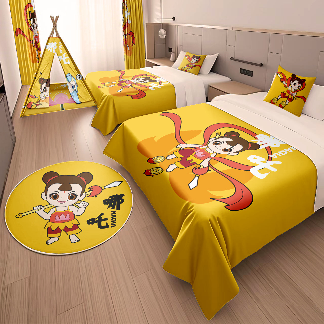 Hotel Family Room Decoration Nezha Fights the Sea Cartoon Bed Cover Pillow Tent Decoration B&B Family Theme Room Renovation