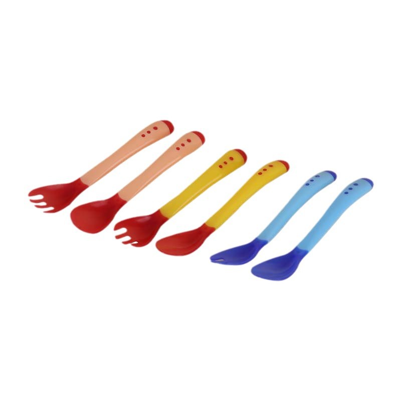 Baby's Temperature Spoon Fork Feeding Spoon Temperature Discoloration Baby Soft Head Spoon Spoon Feeding Spoon Anti-scalding Tableware suit