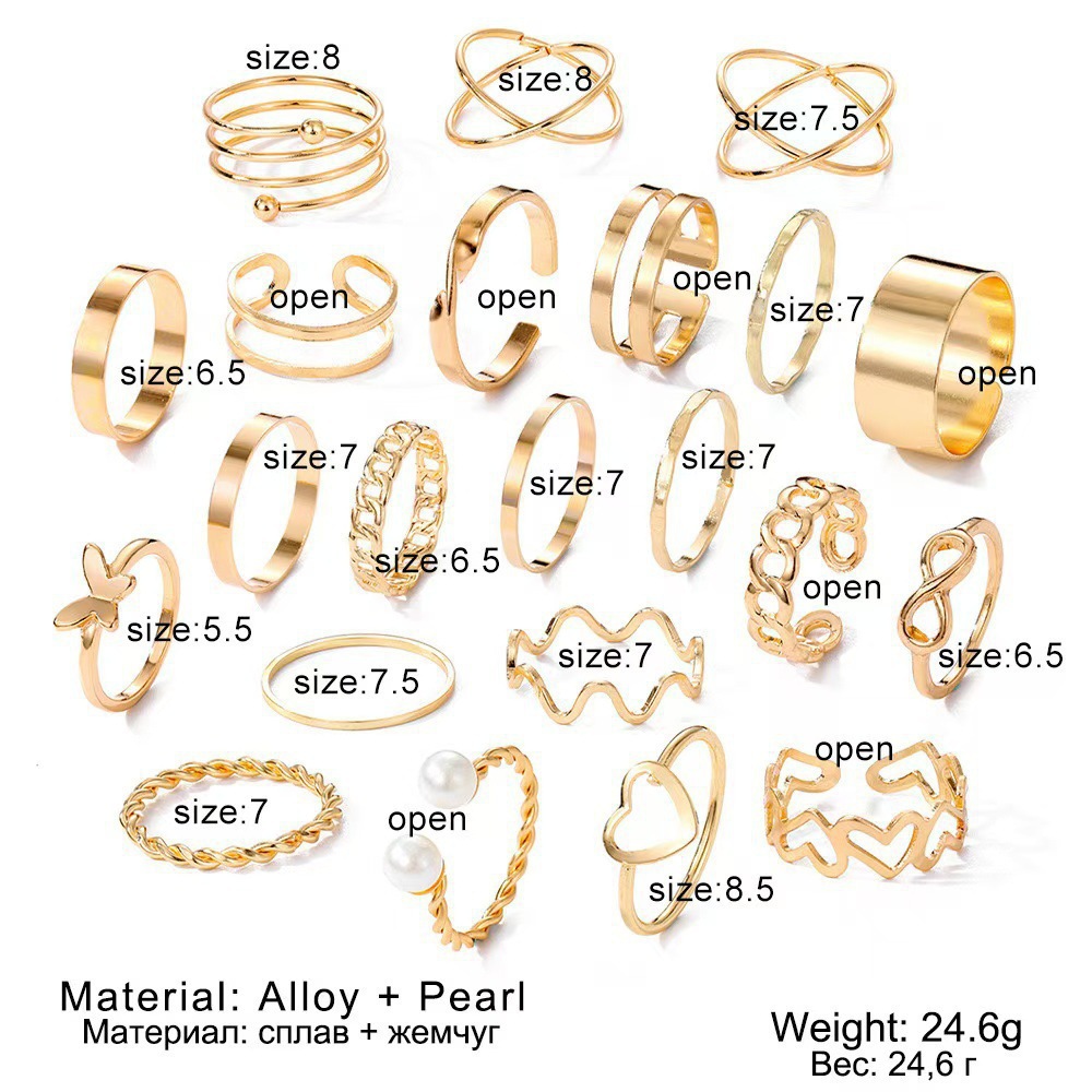 Cross-Border New Open Multi-Joint Ring Set 22-Piece Set of Heart Rings for Women with Niche Butterfly Rings