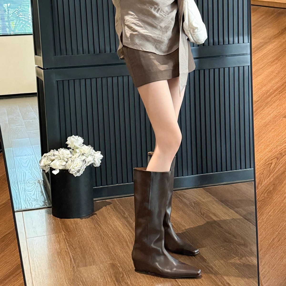 In Stock~ Increase Height by 5cm and Look Great! High-End Coffee Brown Square Toe Straight Boots for Women in Autumn, Straight-Leg Boots for Women