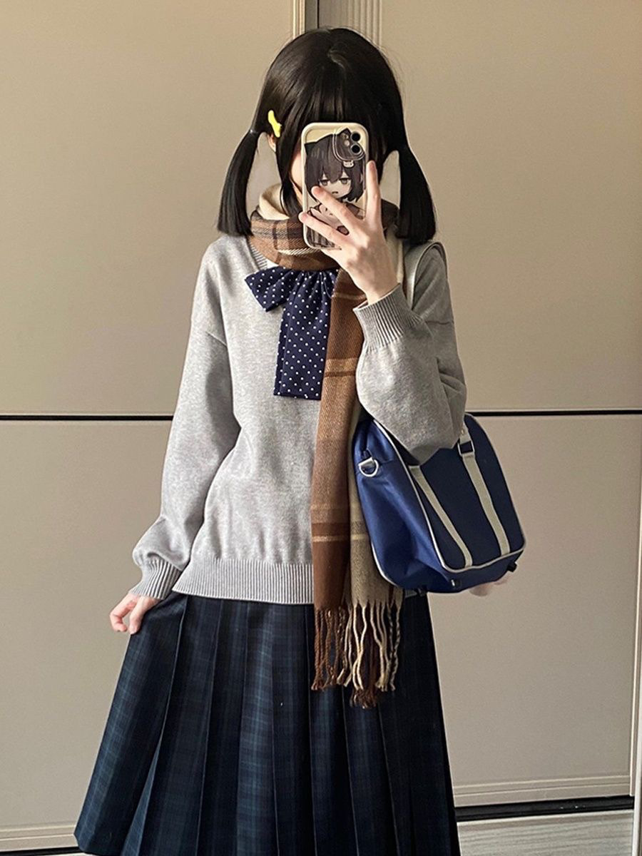 Seaweed Mid-Skirt Jk Uniform Japanese Style Petite Wear Knitted Sweater Long-Sleeved Preppy Style Long Skirt Autumn and Winter Suit