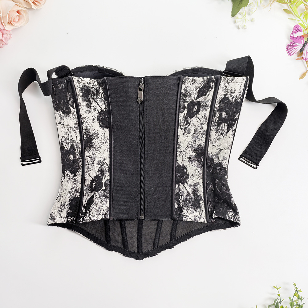 French Jacquard Fishbone Strapless Top Pure Outer Wearing New Country Style Ink Painting Para-breasts Strong Pressure Waist Fishbone Corset