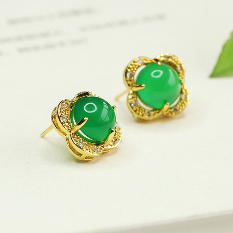 Aiyu Green Agate Earrings Ice Green Chalcedony Four-leaf Grass Earrings Earrings Factory Wholesale AY4013007