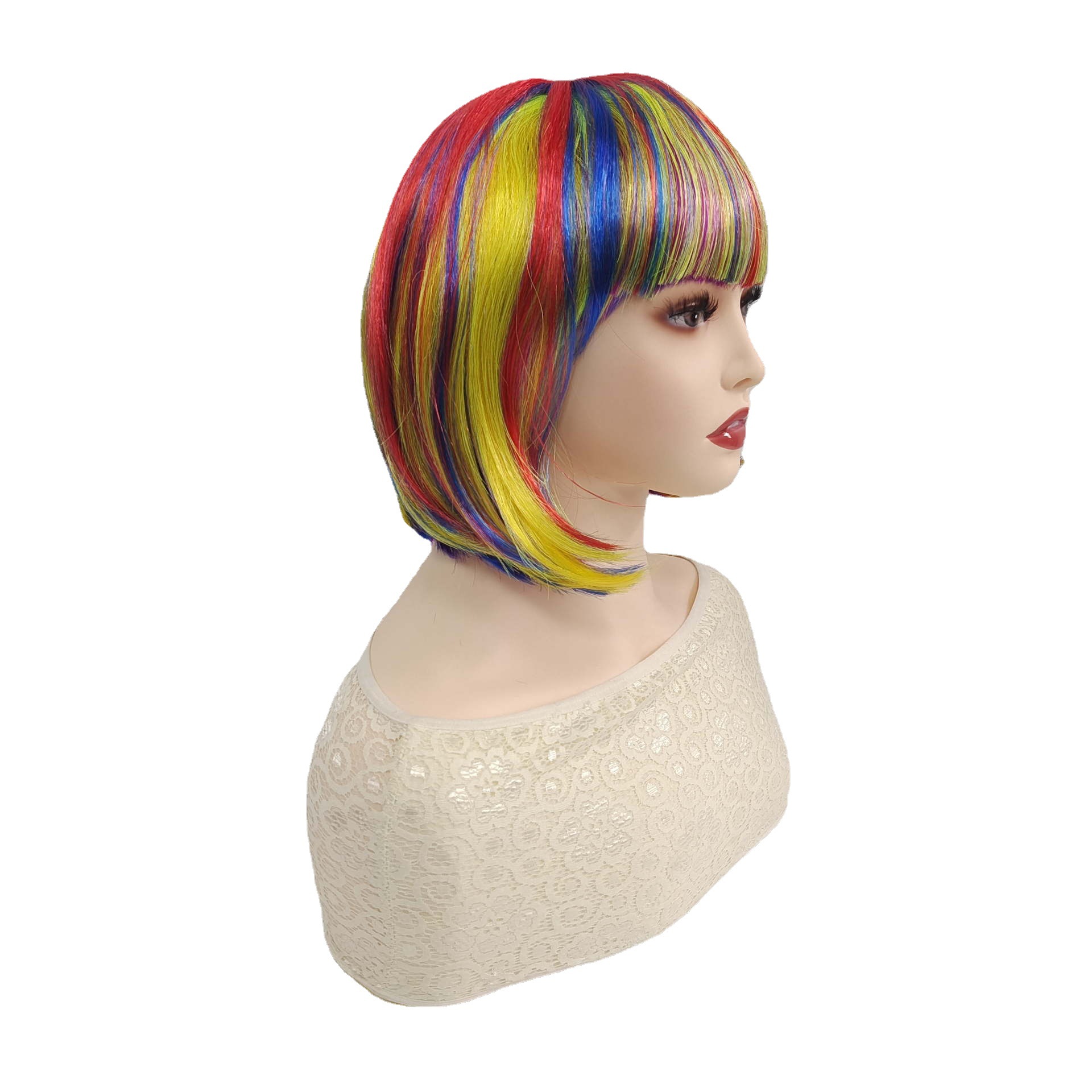 Manufacturer Wholesale Foreign Trade European and American Fashion Women's Colorful Rainbow Short Straight Hair Middle-Part Bob Wig Headgear