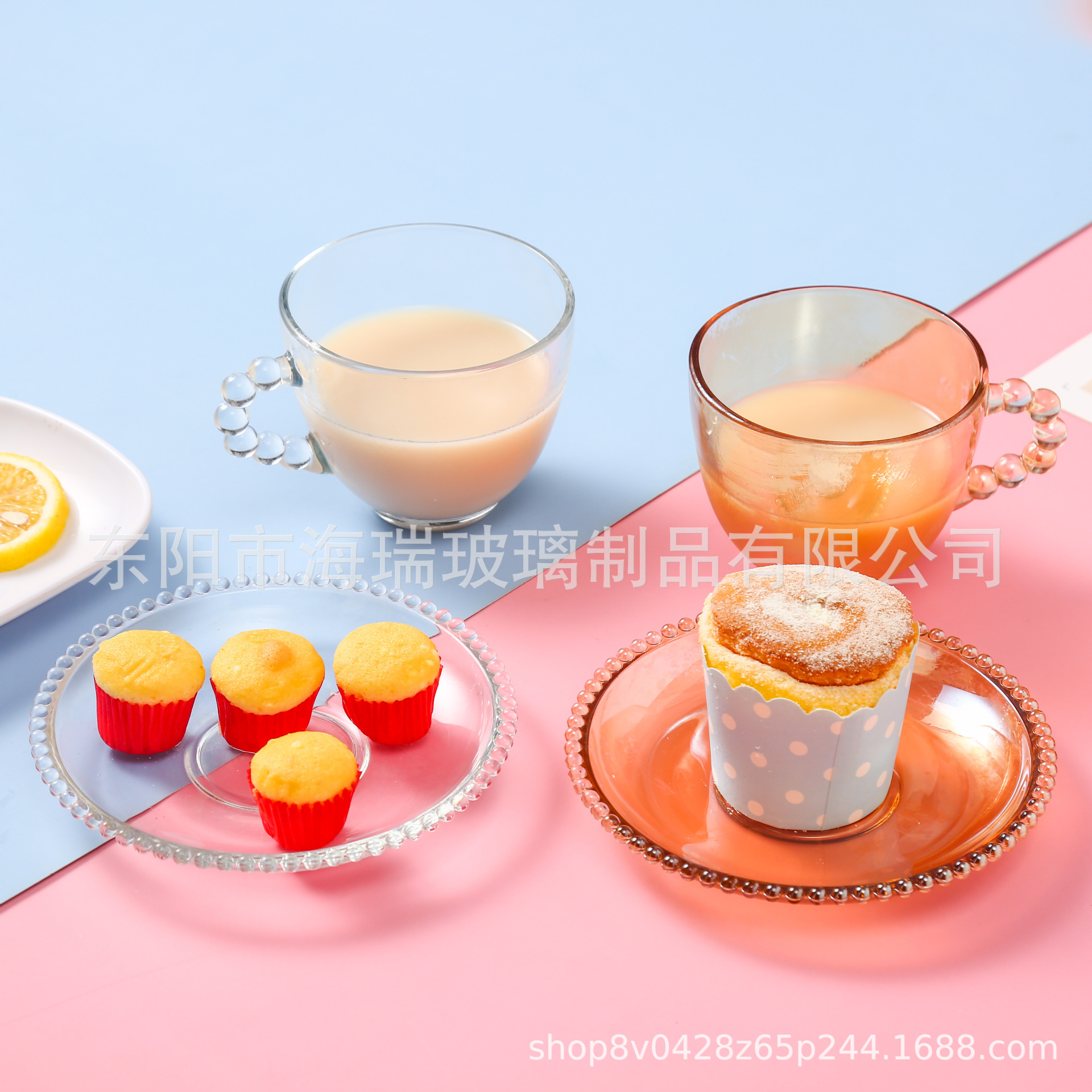 Factory wholesale with handle pearl edge transparent coffee cup saucer casual bar coffee shop net red glass
