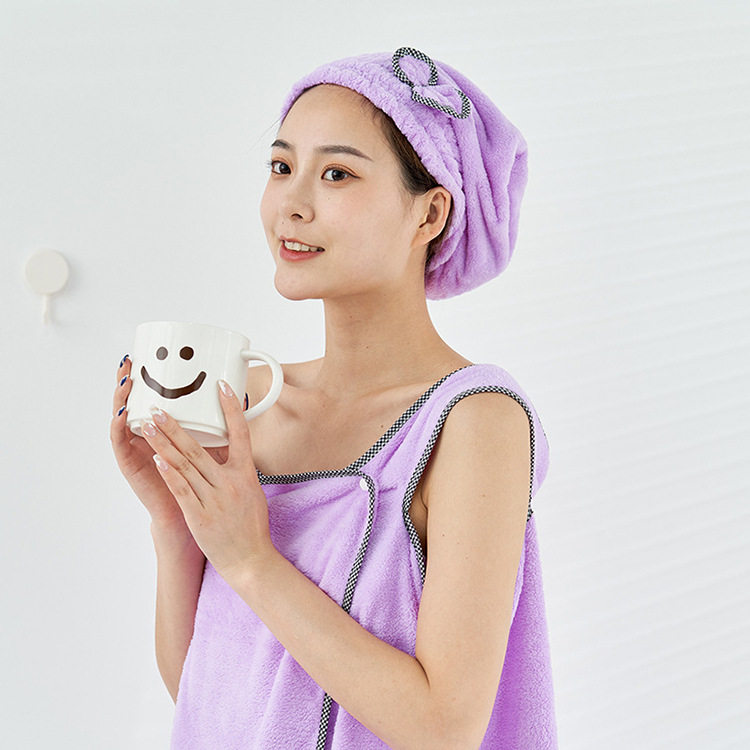 Manufacturer Wholesale Coral Velvet Bath Towel Adult Suspender Bath Skirt Headband Dry Hair Cap Shower Cap Towel Set Super Soft