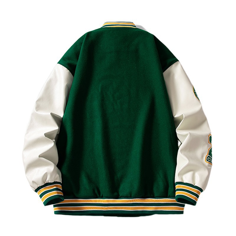 Customized American Cotton Woolen Baseball Uniform Pu Leather Sleeve Towel Embroider Men's Stand Collar Fleece-Lined Jacket with Custom Logo
