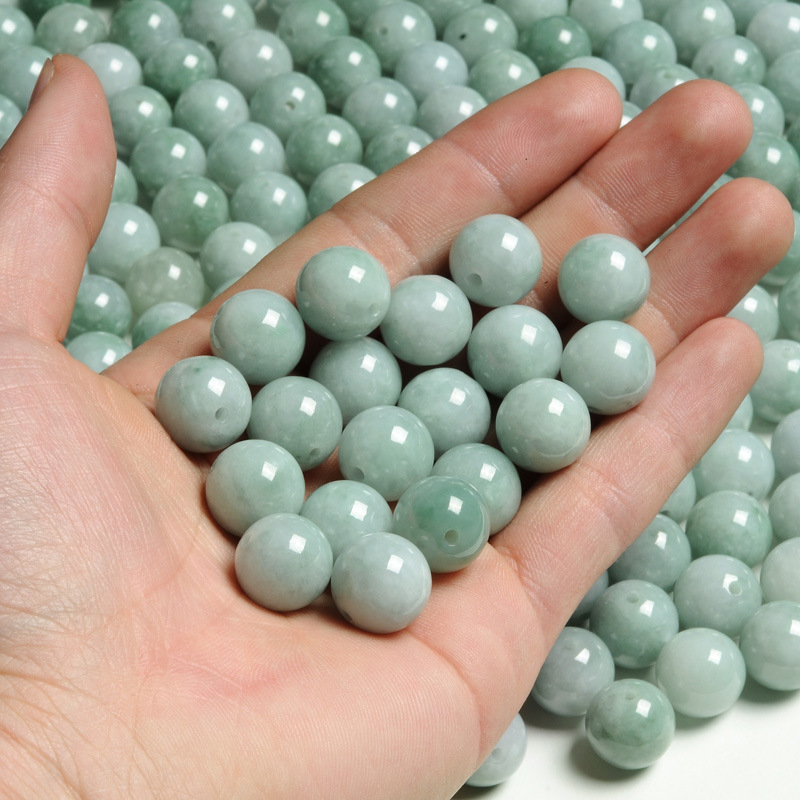 Myanmar Jade A Goods Original Stone Necklace Loose Beaded Glutinous Green and White Beads Jade Pendant Beaded DIY Jewelry Bracelet