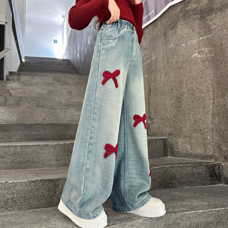 Towel Embroidered Girls' Jeans Spring and Autumn 2025 New Children's Pants for Girls, Straight-Leg Pants, Wide-Leg Pants for Girls