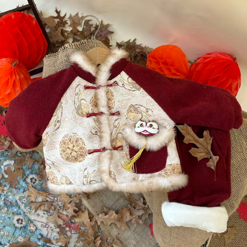 Зимний комплект для мальчиков с флисовой подкладкой, новогодний наряд 2026, новый утепленный китайский костюм тан, комплект из двух предметов для детей и младенцев