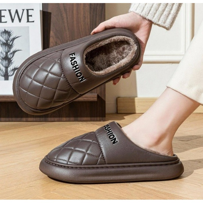 High-End Cotton Slippers for Men in Winter Thick-Soled New Home Indoor Warm Shoes Fleece-Lined Toe-Toe Slippers for Men Men's Leather Slippers