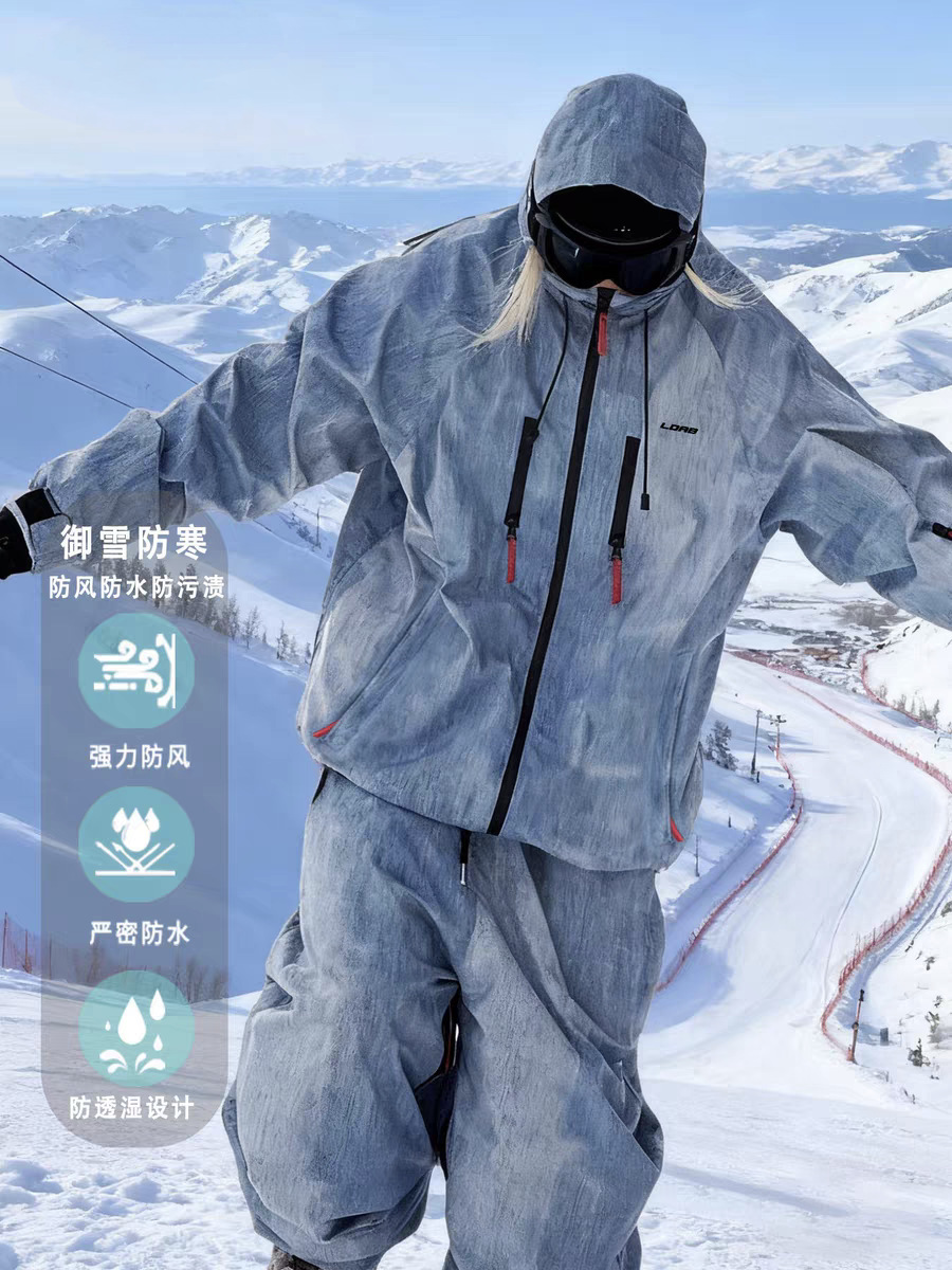 Fuyan Blue Denim Ski Suit for Women 2025 Autumn and Winter New Windproof and Waterproof Single and Double Board Couple Snow Suit for Men