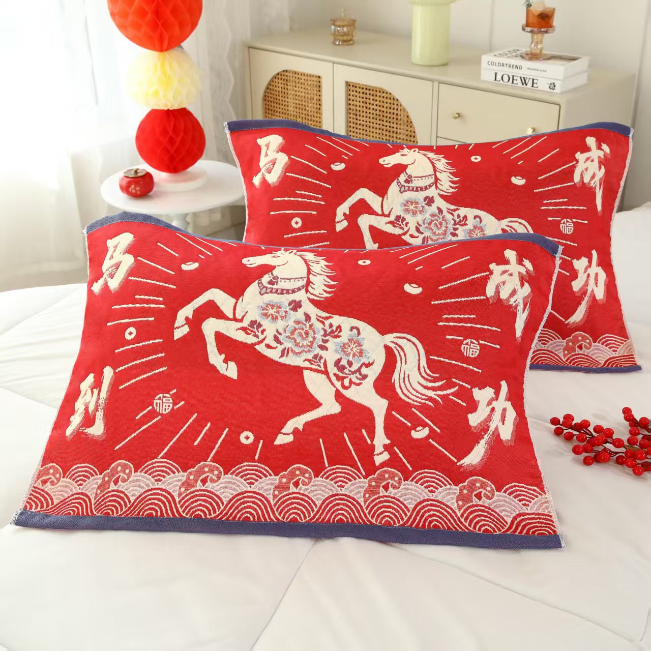 Новое покрывало для подушки из красного газового хлопка с надписью "Фу" на год Лошади, пара праздничных толстых покрывал для подушек, отправка от имени других