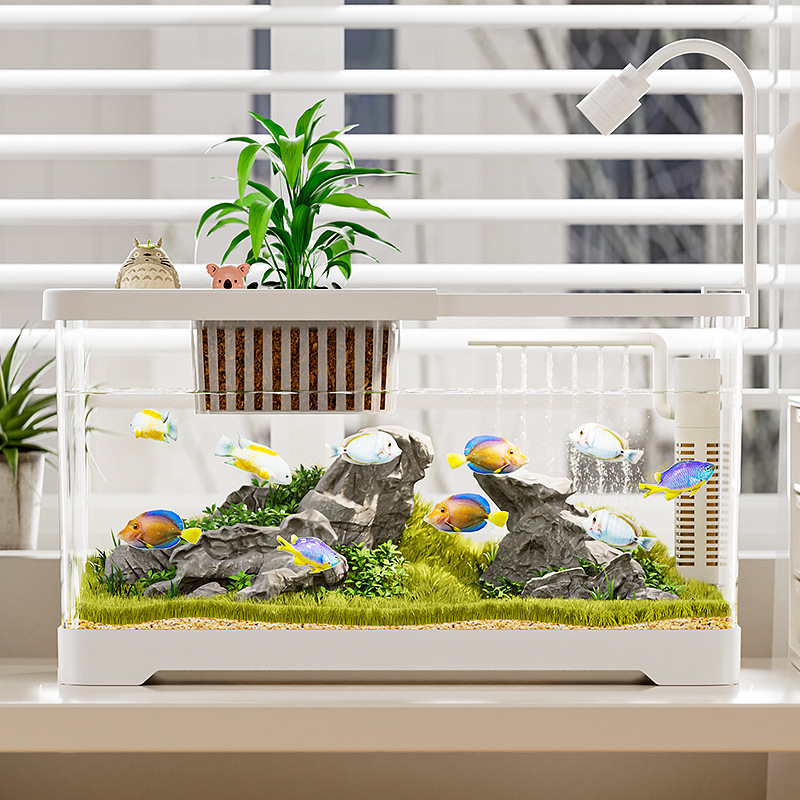Fish Tank Small Living Room Home Landscaping Complete Set of Ecological Water Tank Vertical Water-Free with Cover Transparent Lazy Person Raising Goldfish