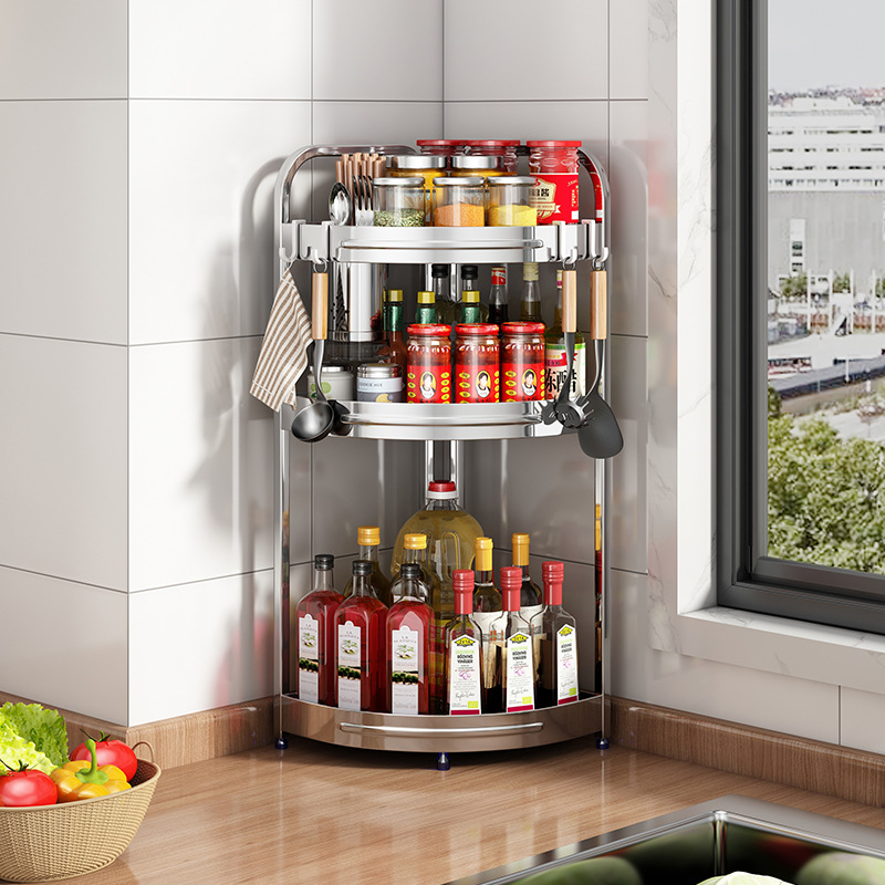 Stainless steel kitchen corner storage rack oil salt sauce vinegar tripod seasoning supplies corner floor storage knife holder