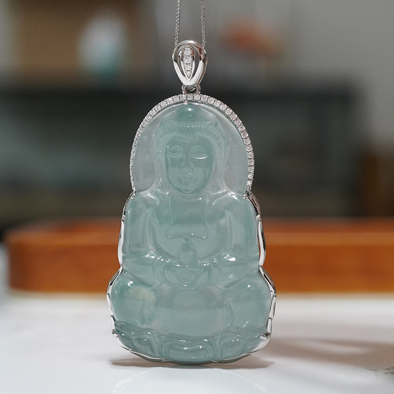 Platinum Pt950 Cultivated Diamond Jade Guanyin Inlaid Full Diamond Pendant