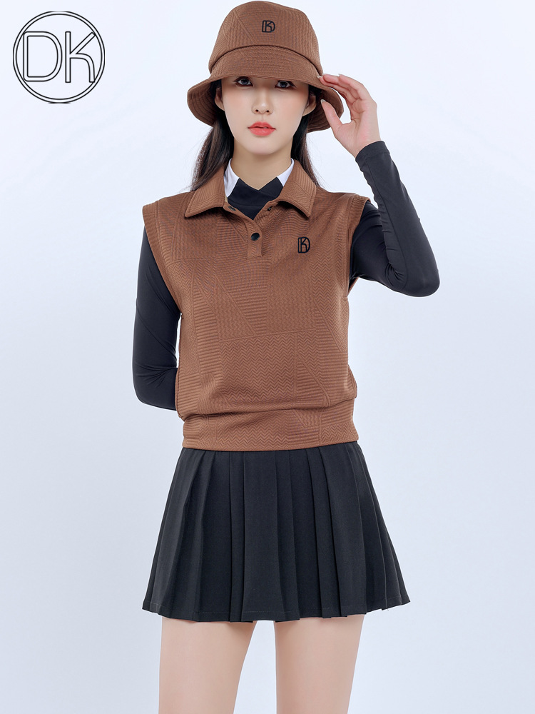 Brown Golf Women's New Sleeveless Vest Autumn and Winter Slim Vest Warm Top Coat Pleated Skirt