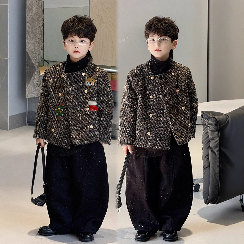 Комплект 2025, осень-зима, новый стиль, костюм с флисовой подкладкой в стиле Шанель, модный детский пиджак, оптовая продажа
