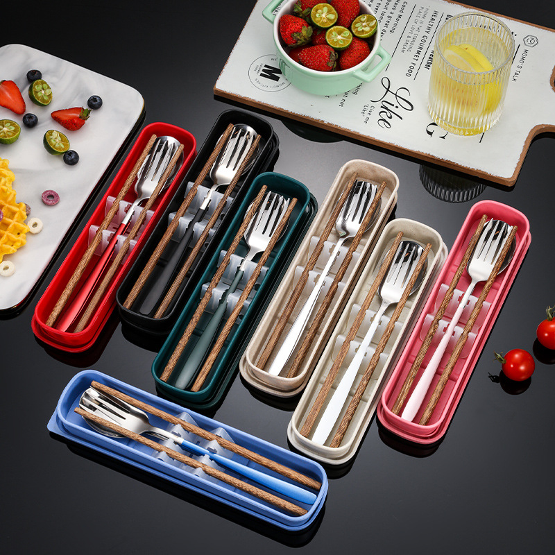 Korean-style Portable Tableware Chopsticks Spoon Fork Creative Student Travel Tableware Single Storage Box Stainless Steel Three-piece Set