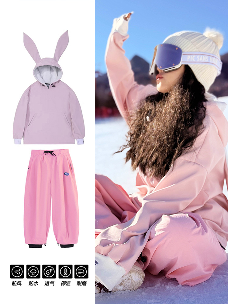 Ice cute outdoor 2-piece ski suit windproof waterproof training clothing fleece-lined warm snow clothing men and women