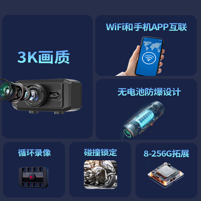 New Motorcycle Electric Vehicle Bicycle Recorder Hd 3K Waterproof Cycling Outdoor Sports Anti-Shake Cross Mirror