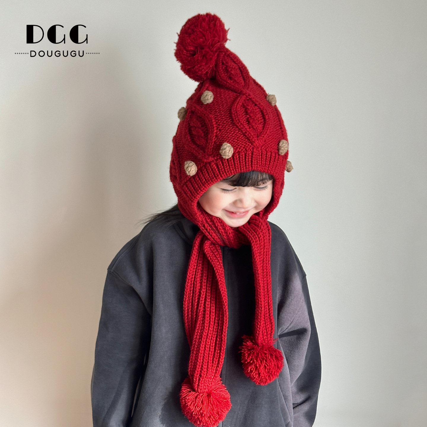 Winter Kidsren's Knitted Hat and Scarf All-In-One Fleece-Lined Warm Ear Protection Hat Korean Style New Year Red Girls' Woolen Hat