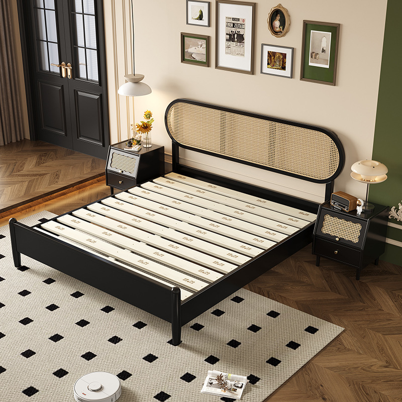 Nordic Solid Wood Rattan Bed Modern Simple Bedroom Silent Retro Black Bed French Middle 1.8m Double Bed