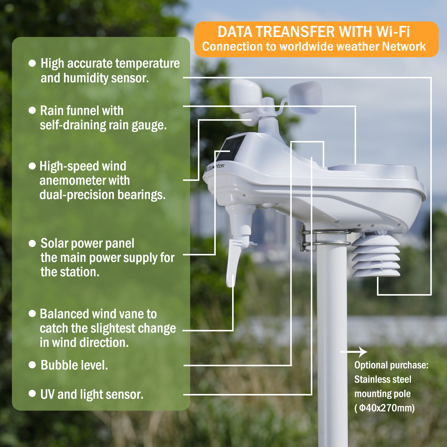 Intelligent Weather Station | 7-in-1 Functions + Temperature and Humidity/Wind Speed/Rainfall Monitoring, Wifi Remote Outdoor Forecast