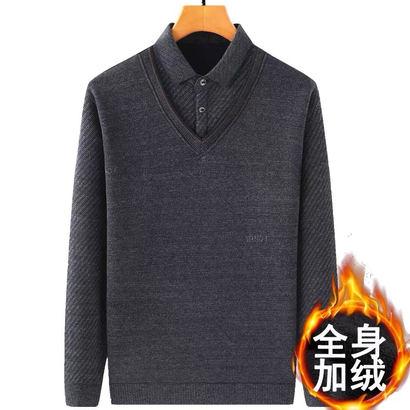 Middle-aged fleece-lined thickened sweater men's middle-aged and elderly men's fake two-piece T-shirt dad winter knitted warm top