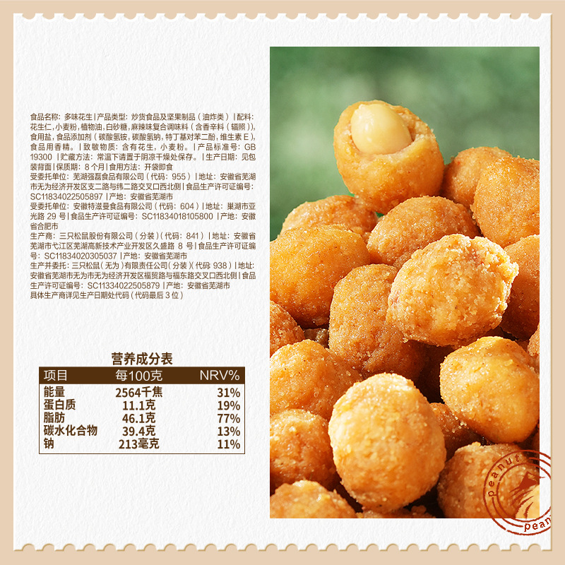 [Three Squirrels multi-flavor peanut 205g] casual snacks specialty nuts fried goods spiced peanut wine dish