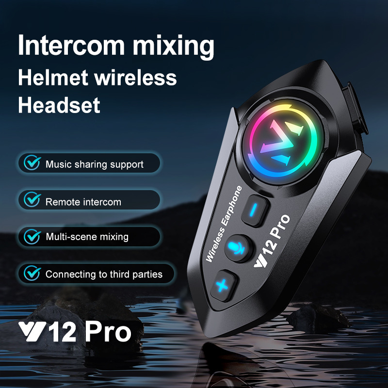 Cross-Border Y12Pro Motorcycle Helmet Bluetooth Headset Intercom Noise Reduction Long Battery Life Waterproof Mixing Riding Equipment