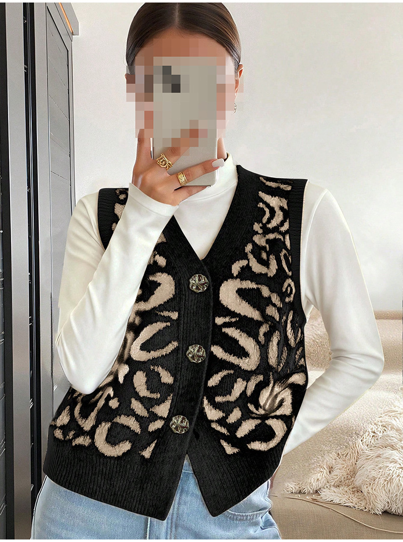 Foreign Trade Cross-Border Leopard Print V Neck Knitted Cardigan Jacket Women's Autumn and Winter Popular Fashion Casual Sweater