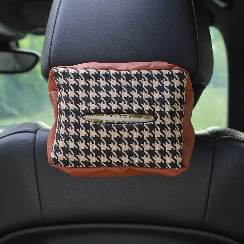 Car Tissue Box Knitted Leather Houndstooth Car Seat Back Hanging Paper Box Multifunctional Car Tissue Bag