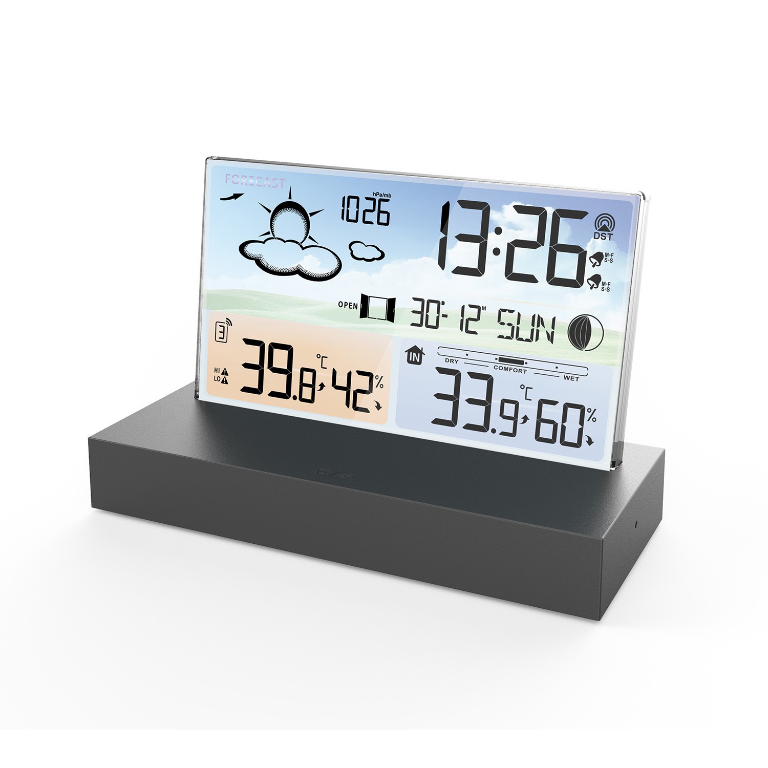 Cross-Border New Product Transparent Glass Weather Clock 3396C Color Screen Rf Wireless Multi-Function Weather Forecast Digital Alarm Clock