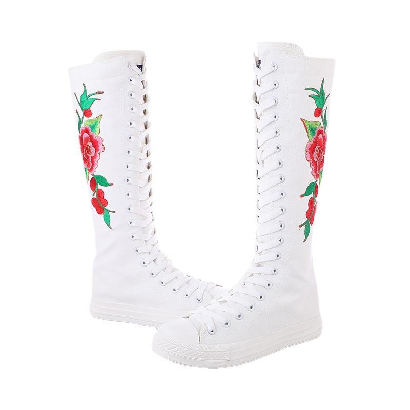Korean Style Fashion Deductive Actor Embroidered Dancing Lace-up Side Zipper Super High Top Boots Canvas Women's Shoes Trendy