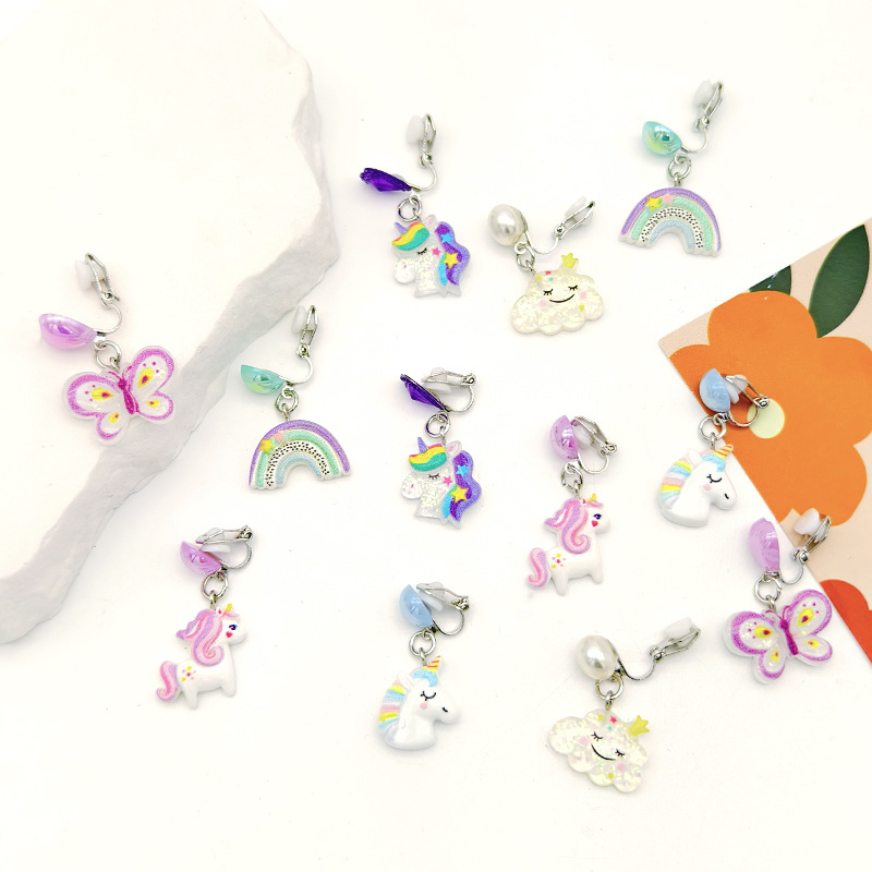 [Can] New Cross-Border Kidsren's Cute Unicorn Anti-Pain Ear Clip Dreamy Rainbow Butterfly Pierced Earrings