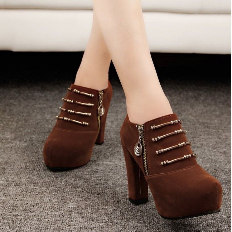 Autumn New Black Professional Women's Shoes Thick Heel Thick Sole Waterproof Platform Super High Heels Side Zipper Suede Beaded Women's Shoes