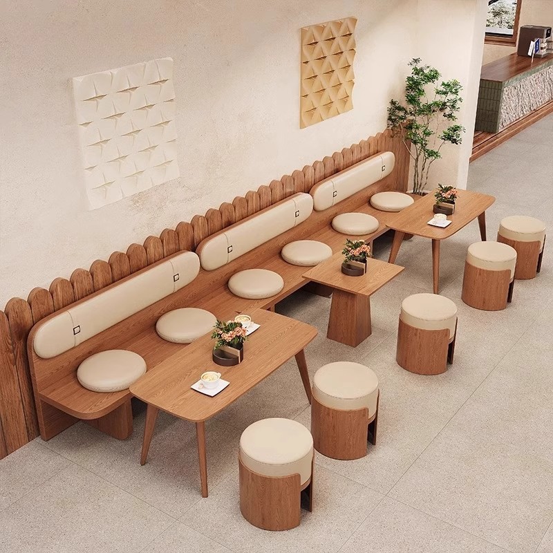 Milk Tea Shop Table and Chair Combination Sofa Card Seat Coffee Shop Dining Table Commercial Bar Catering Tea House Wall Solid Wood Seat