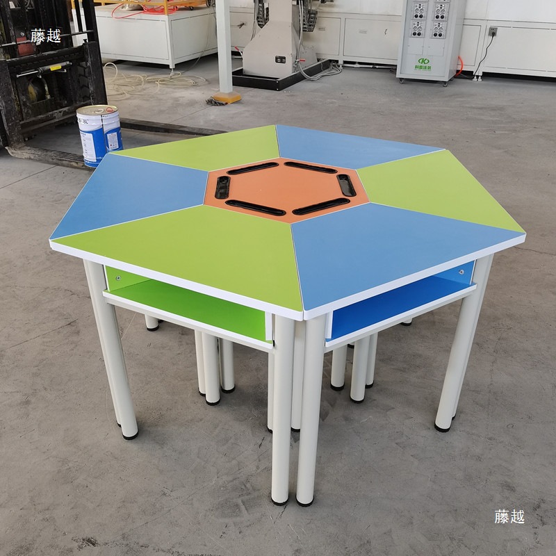 Student Hexagonal Fan-Shaped Splicing Hexagonal Table with Wheels, Anti-Board Triangular Table, Steel Frame, Armor Edge Banding, Trapezoidal Table