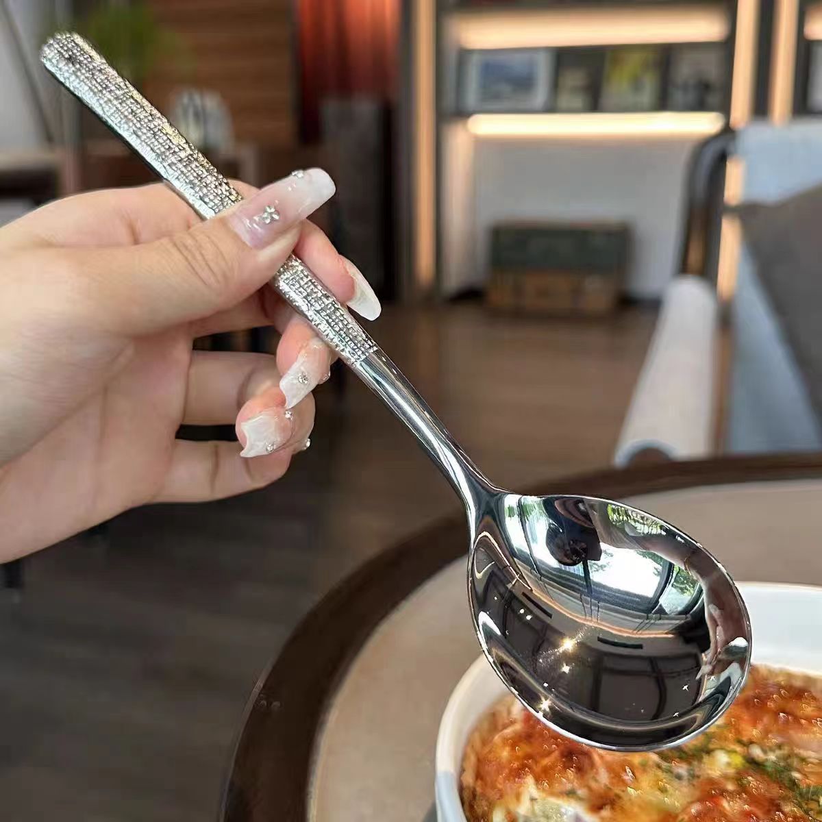 304 Hammer Spoon High-end Spoon Long-handle Spoon Thickened Advanced Knife and Fork Spoon Hotel Dessert Spoon Round Head Dining Spoon